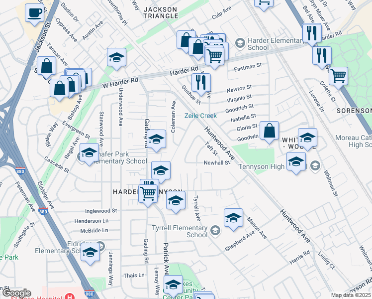 map of restaurants, bars, coffee shops, grocery stores, and more near 187 Turlock Way in Hayward