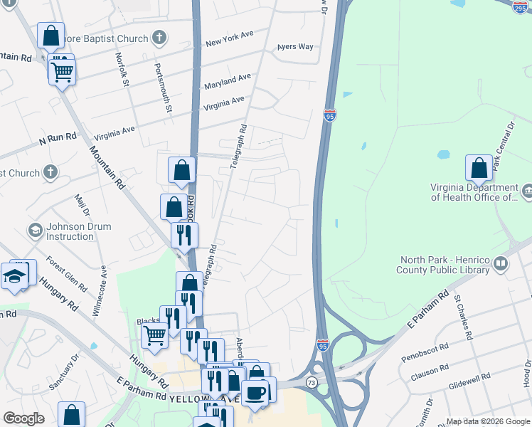 map of restaurants, bars, coffee shops, grocery stores, and more near 8851 Telegraph Road in Glen Allen