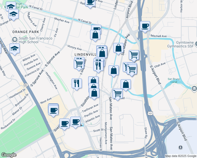 map of restaurants, bars, coffee shops, grocery stores, and more near 137 South Linden Avenue in South San Francisco