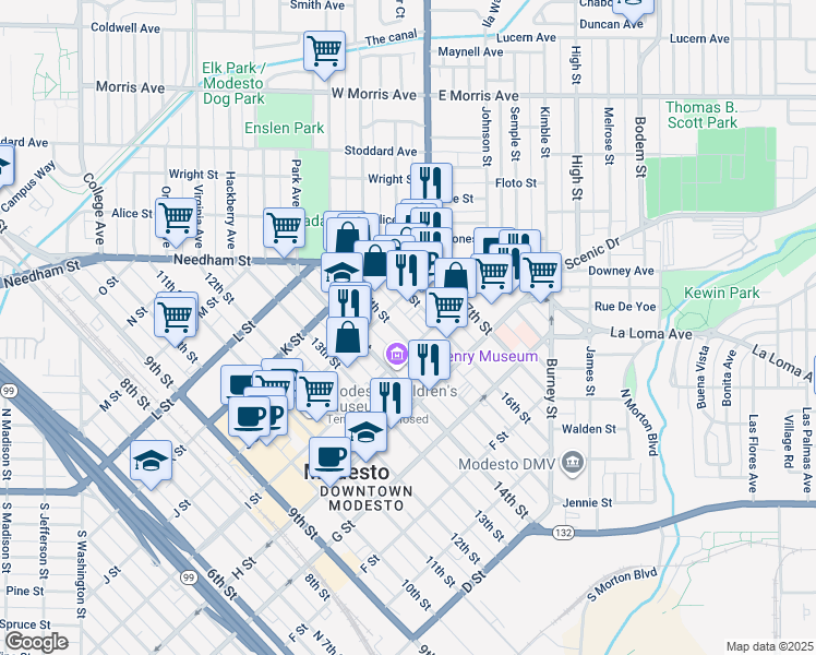 map of restaurants, bars, coffee shops, grocery stores, and more near 906 15th Street in Modesto