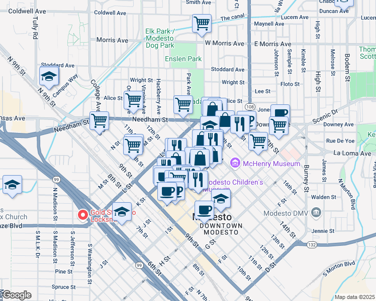 map of restaurants, bars, coffee shops, grocery stores, and more near 1101 13th Street in Modesto