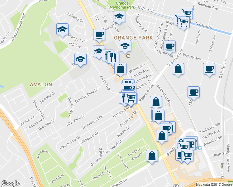 map of restaurants, bars, coffee shops, grocery stores, and more near 362 Alida Way in South San Francisco