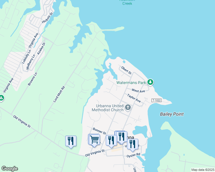 map of restaurants, bars, coffee shops, grocery stores, and more near 374 Howard Street in Urbanna