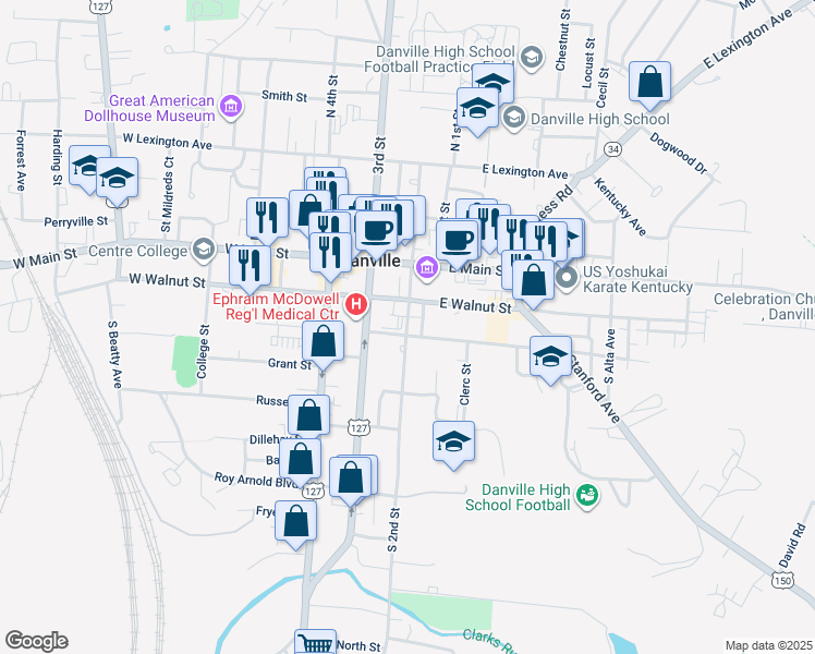 map of restaurants, bars, coffee shops, grocery stores, and more near 228 South 2nd Street in Danville