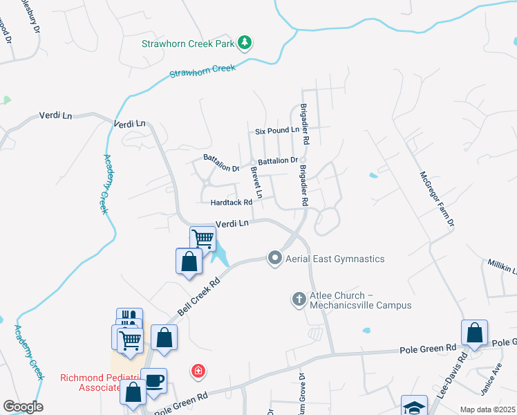 map of restaurants, bars, coffee shops, grocery stores, and more near 9005 Brevet Lane in Mechanicsville