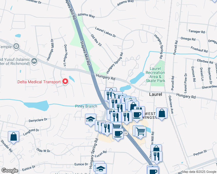 map of restaurants, bars, coffee shops, grocery stores, and more near 8012 Cottesmore Court in Richmond