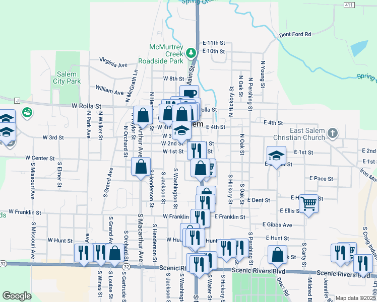 map of restaurants, bars, coffee shops, grocery stores, and more near 101 North Main Street in Salem