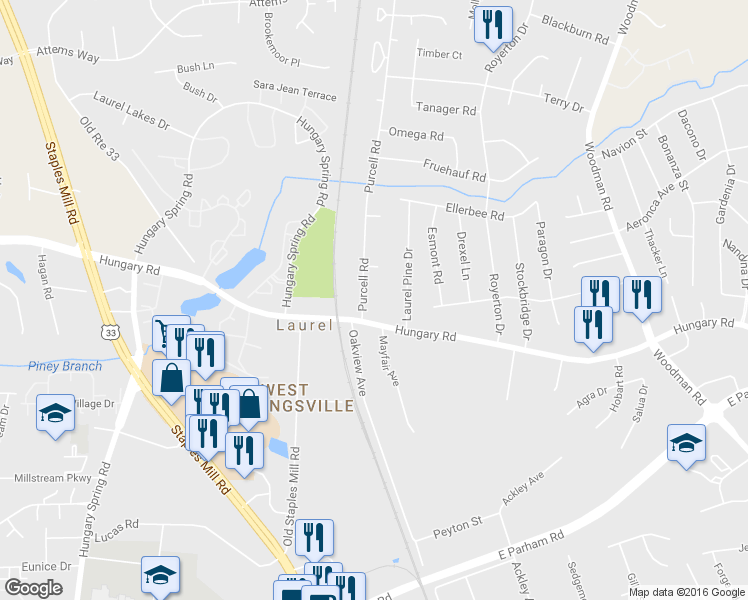 map of restaurants, bars, coffee shops, grocery stores, and more near 9610 Hungary Spring Road in Richmond