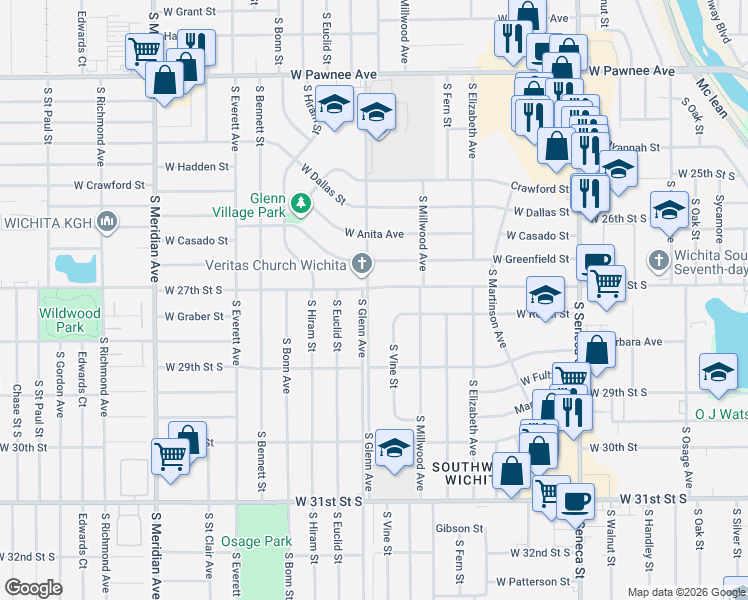 map of restaurants, bars, coffee shops, grocery stores, and more near 2803 South Glenn Avenue in Wichita