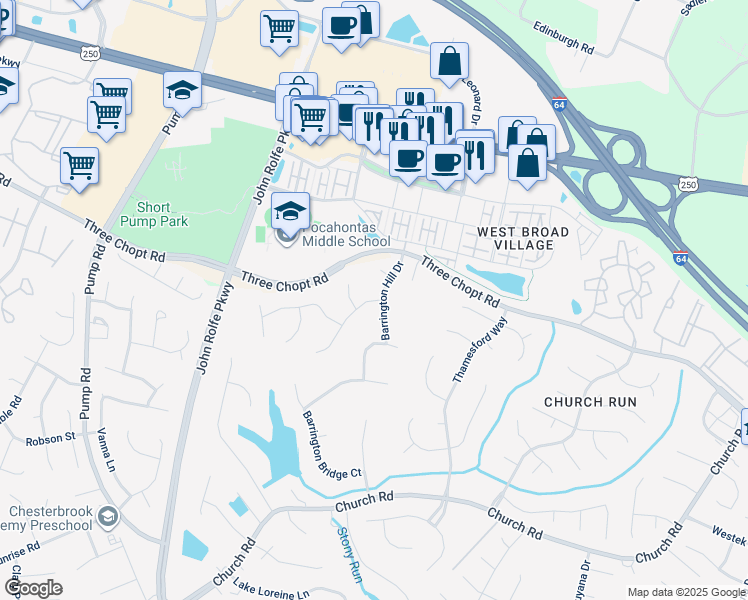 map of restaurants, bars, coffee shops, grocery stores, and more near 3836 Indigo Run Drive in Henrico