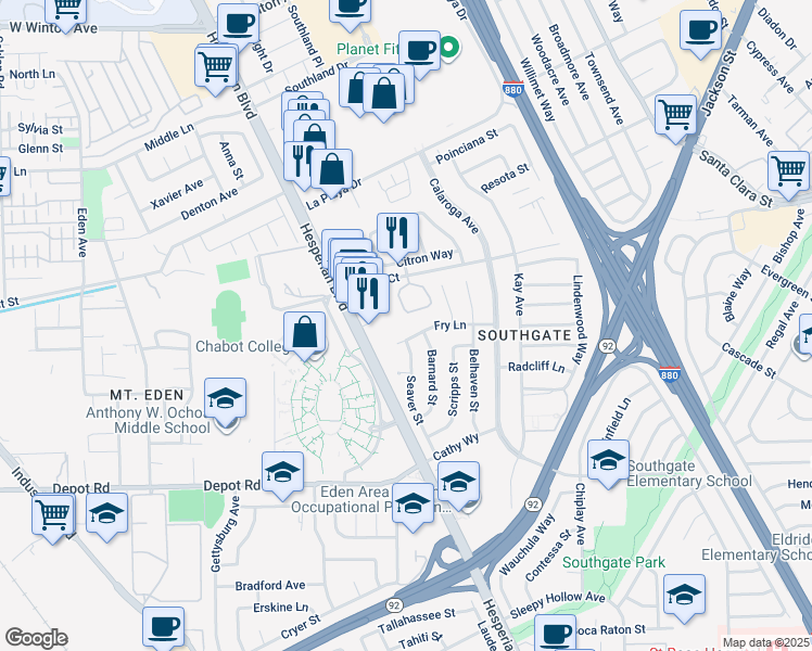 map of restaurants, bars, coffee shops, grocery stores, and more near 25091 Copa Del Oro Drive in Hayward