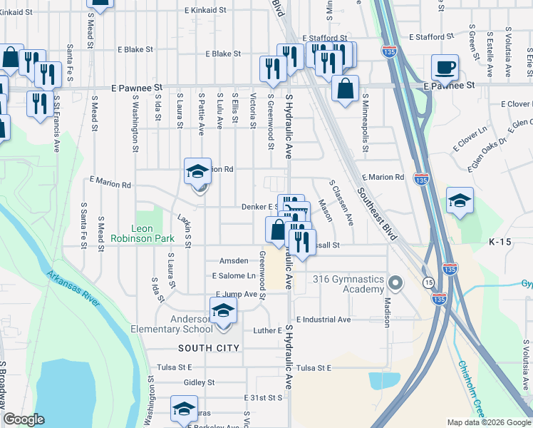 map of restaurants, bars, coffee shops, grocery stores, and more near 2701 Greenwood Street in Wichita