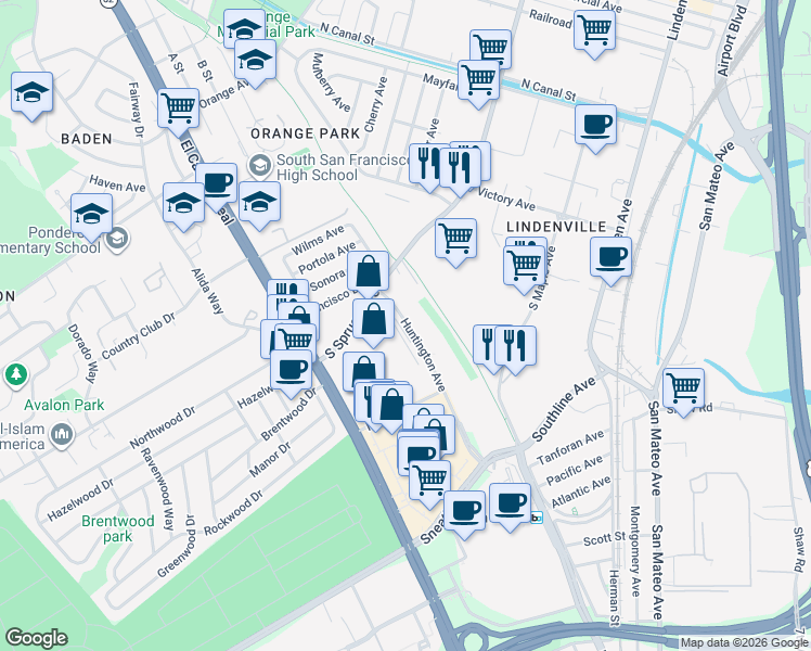 map of restaurants, bars, coffee shops, grocery stores, and more near 1401 Huntington Avenue in South San Francisco