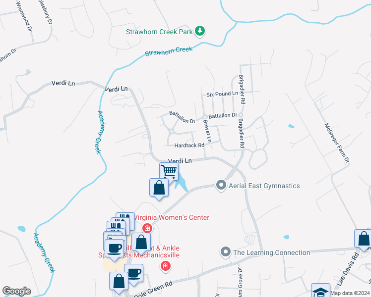 map of restaurants, bars, coffee shops, grocery stores, and more near 7286 Hardtack Road in Mechanicsville