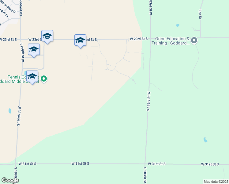 map of restaurants, bars, coffee shops, grocery stores, and more near 2671 South 183rd Street West in Goddard