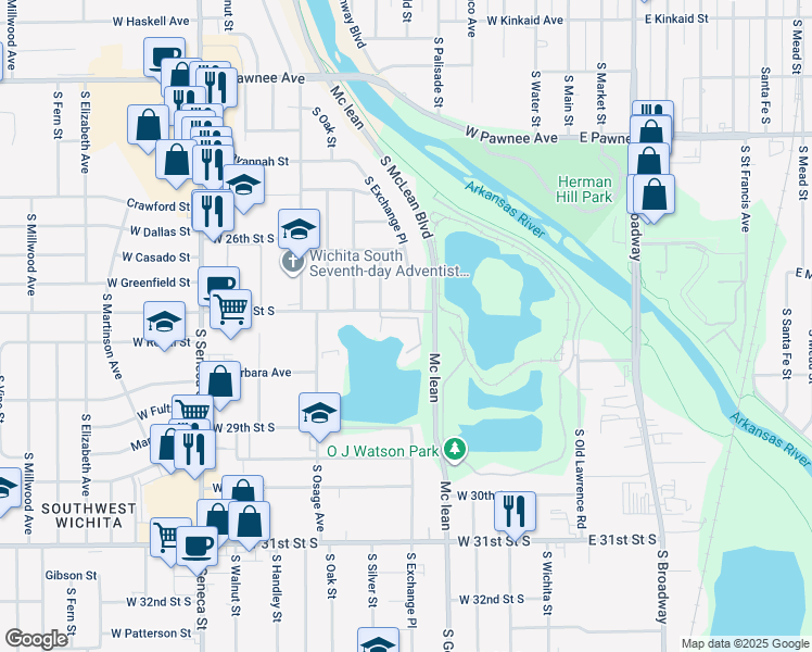 map of restaurants, bars, coffee shops, grocery stores, and more near 525 West 27th Street South in Wichita