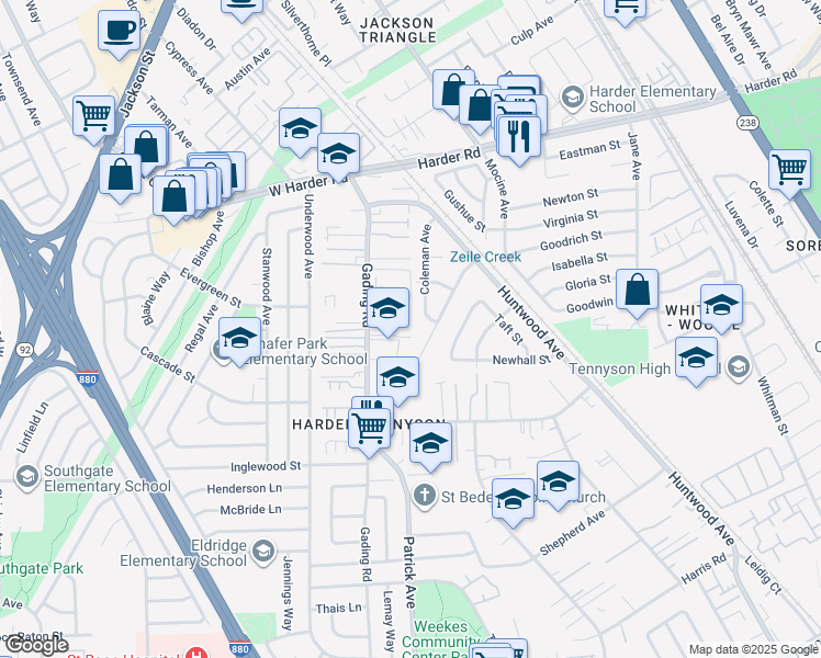 map of restaurants, bars, coffee shops, grocery stores, and more near 26281 Coleman Avenue in Hayward