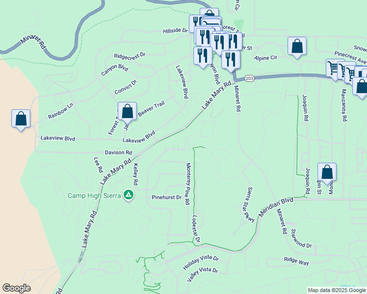 map of restaurants, bars, coffee shops, grocery stores, and more near 1688 Majestic Pines Drive in Mammoth Lakes