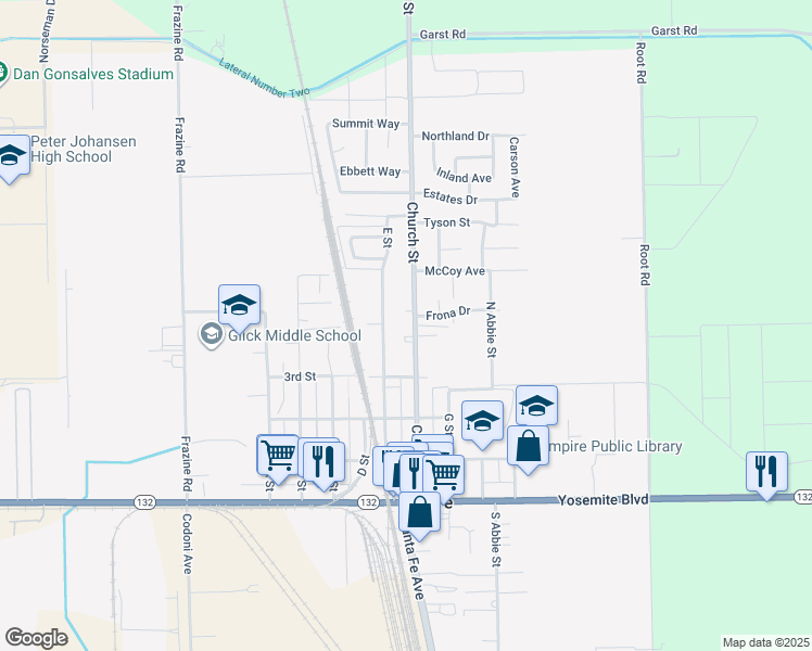 map of restaurants, bars, coffee shops, grocery stores, and more near 401 Church Street in Modesto
