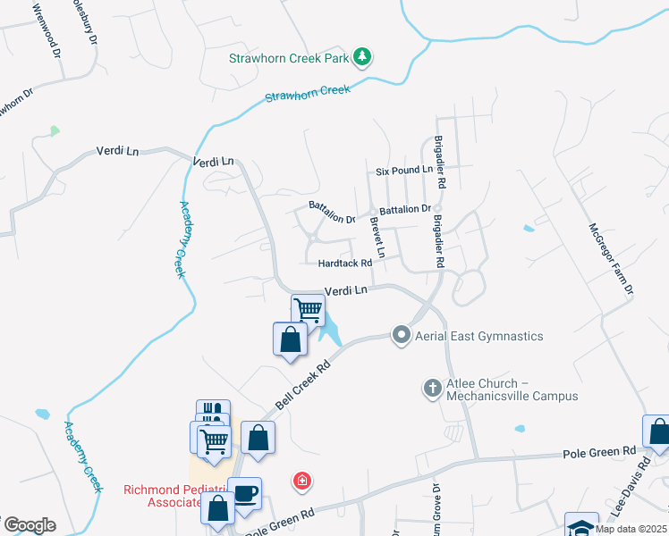map of restaurants, bars, coffee shops, grocery stores, and more near 7290 Hardtack Road in Mechanicsville