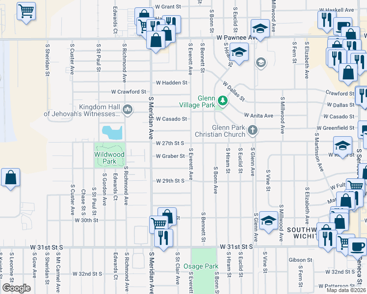 map of restaurants, bars, coffee shops, grocery stores, and more near 2215 W 27th St S in Wichita