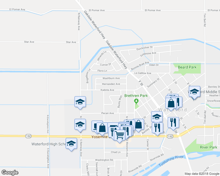 map of restaurants, bars, coffee shops, grocery stores, and more near 12115 Kadota Avenue in Waterford
