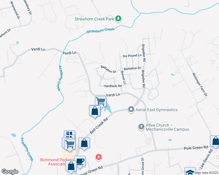 map of restaurants, bars, coffee shops, grocery stores, and more near 7288 Hardtack Road in Mechanicsville