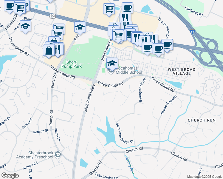map of restaurants, bars, coffee shops, grocery stores, and more near 11528 Longview Landing Drive in Short Pump