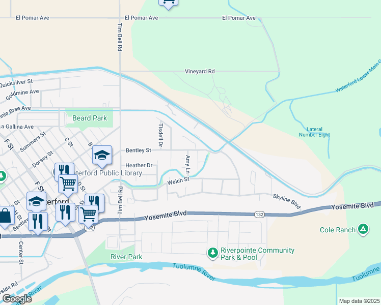 map of restaurants, bars, coffee shops, grocery stores, and more near 390 Amy Lane in Waterford