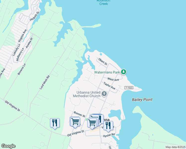 map of restaurants, bars, coffee shops, grocery stores, and more near 391 Howard Street in Urbanna