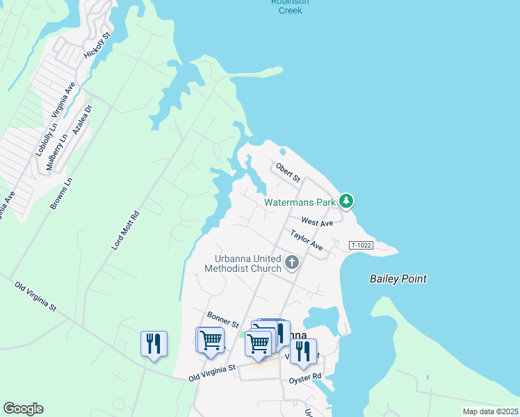map of restaurants, bars, coffee shops, grocery stores, and more near 391 Howard Street in Urbanna