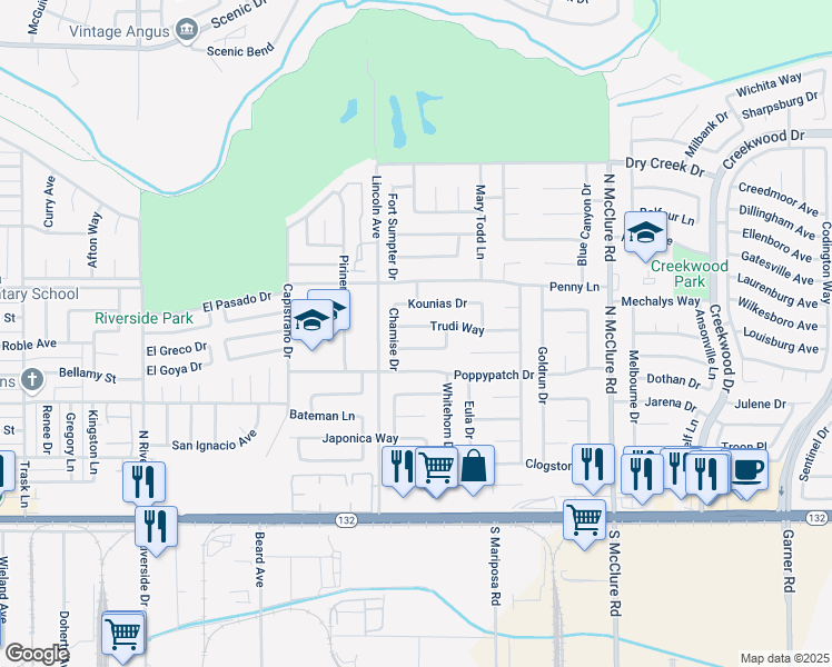 map of restaurants, bars, coffee shops, grocery stores, and more near 3020 Trudi Way in Modesto