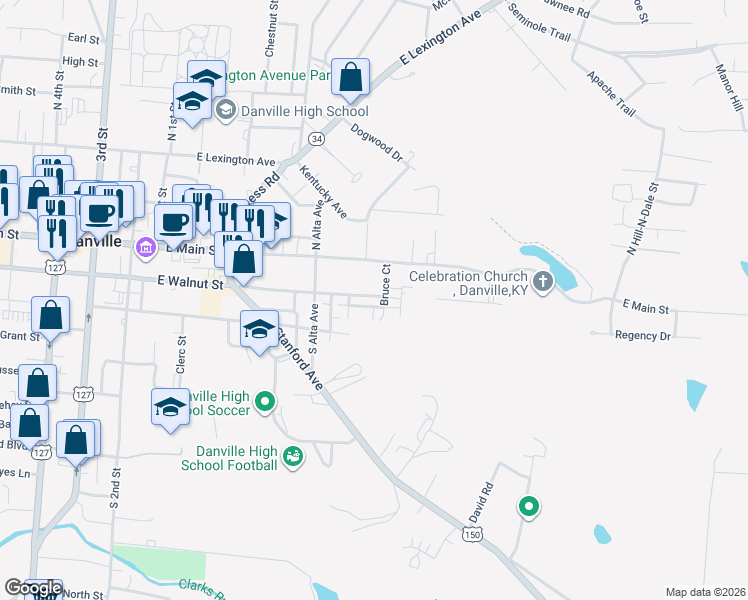 map of restaurants, bars, coffee shops, grocery stores, and more near 540 East Walnut Street in Danville