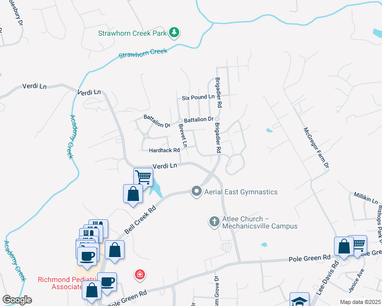 map of restaurants, bars, coffee shops, grocery stores, and more near 9006 Brevet Lane in Mechanicsville