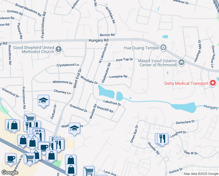 map of restaurants, bars, coffee shops, grocery stores, and more near 8715 Woodlake Drive in Richmond
