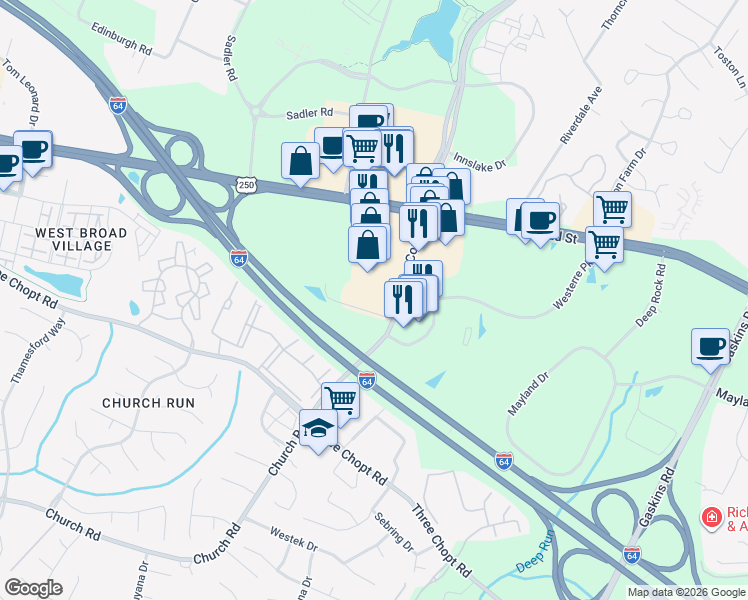 map of restaurants, bars, coffee shops, grocery stores, and more near 10971 West Broad Street in Glen Allen