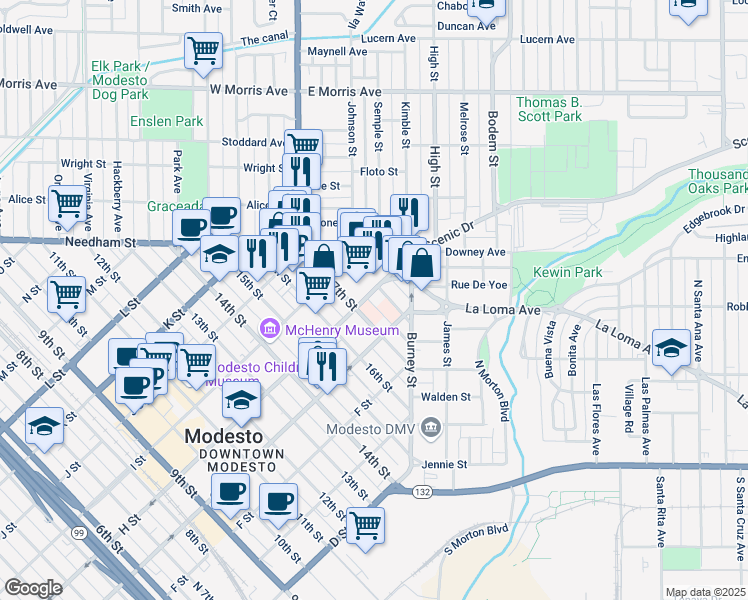 map of restaurants, bars, coffee shops, grocery stores, and more near 710 18th Street in Modesto