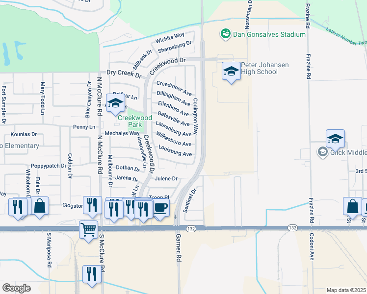 map of restaurants, bars, coffee shops, grocery stores, and more near 3904 Wilkesboro Avenue in Modesto