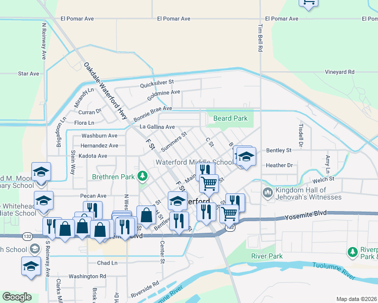 map of restaurants, bars, coffee shops, grocery stores, and more near 12517 Dorsey Street in Waterford