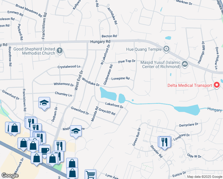 map of restaurants, bars, coffee shops, grocery stores, and more near 8715 Woodlake Drive in Richmond