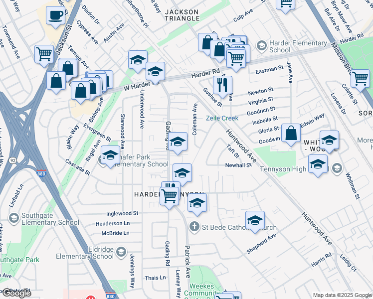 map of restaurants, bars, coffee shops, grocery stores, and more near 26281 Coleman Avenue in Hayward