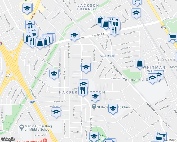 map of restaurants, bars, coffee shops, grocery stores, and more near 332 Dumont Avenue in Hayward