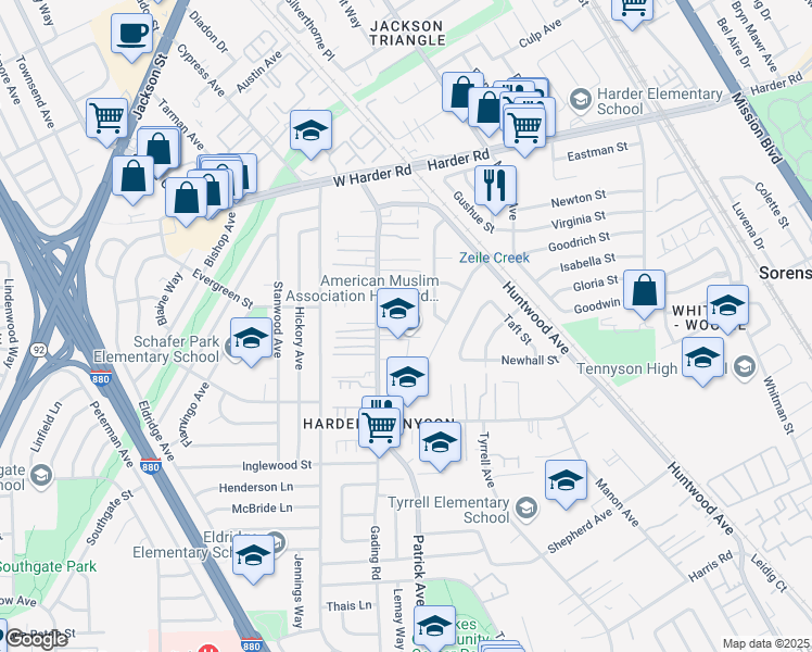 map of restaurants, bars, coffee shops, grocery stores, and more near 332 Dumont Avenue in Hayward