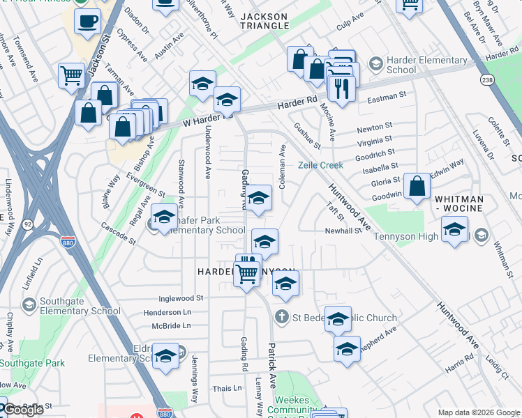 map of restaurants, bars, coffee shops, grocery stores, and more near 332 Dumont Avenue in Hayward