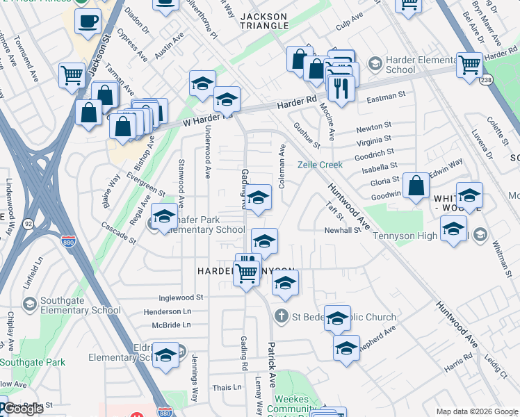 map of restaurants, bars, coffee shops, grocery stores, and more near 332 Dumont Avenue in Hayward