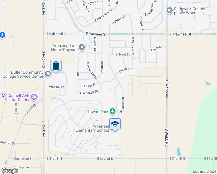 map of restaurants, bars, coffee shops, grocery stores, and more near 8826 East Denker Circle in Wichita