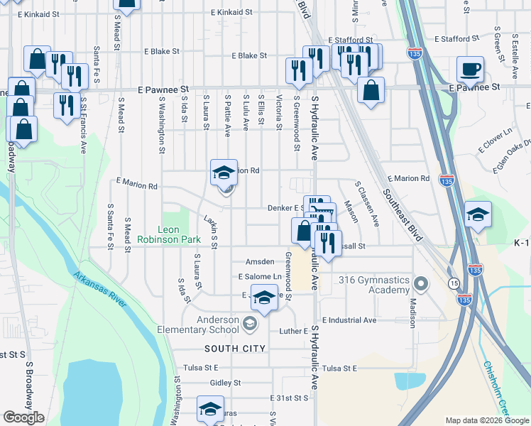 map of restaurants, bars, coffee shops, grocery stores, and more near 1509 Denker East Street in Wichita