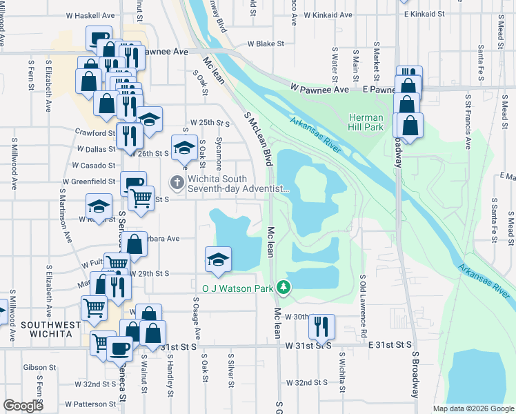 map of restaurants, bars, coffee shops, grocery stores, and more near 525 West 27th Street South in Wichita