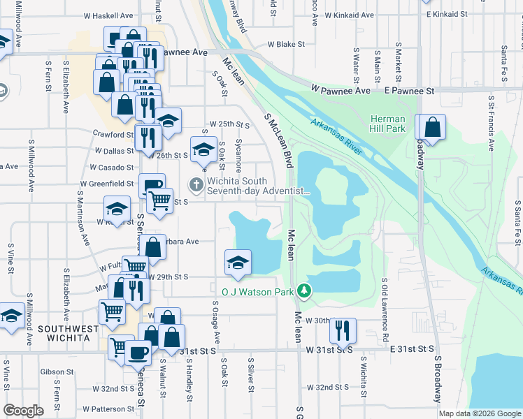 map of restaurants, bars, coffee shops, grocery stores, and more near 601 West 27th Street South in Wichita