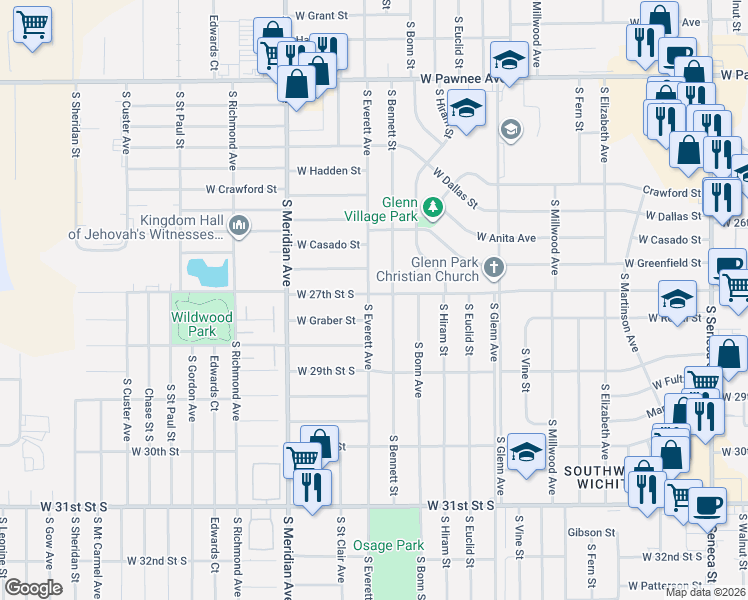 map of restaurants, bars, coffee shops, grocery stores, and more near 2101-2199 West 27th Street South in Wichita